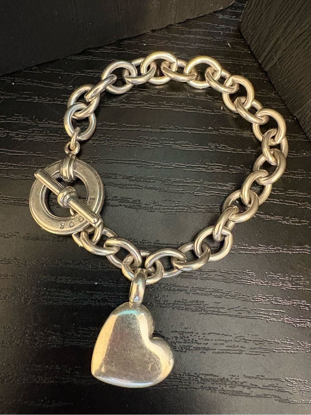 Lagos charm bracelet 925 sterling silver heavy 7” toggle heart charm shows wear